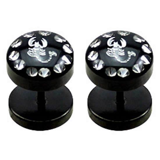 Black Fake Plugs - Pair of 2 pieces Fake Plugs - Comes in Various Designs - Moon, Scorpion, Yin Yang - Size 8MM - Quality Tested by Sheffield Assay Office in England.