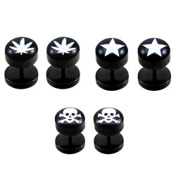 Black Fake Plugs - Pair Of (2 Pieces) Surgical Steel 316L  - with Famous Logos -Ganja, Skull, Star Size 8MM - Quality Tested by Sheffield Assay Office in England.