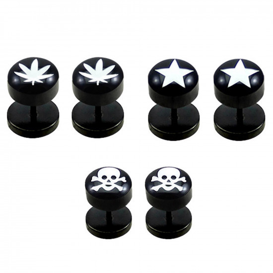 Black Fake Plugs - Pair Of (2 Pieces) Surgical Steel 316L  - with Famous Logos -Ganja, Skull, Star Size 8MM - Quality Tested by Sheffield Assay Office in England.