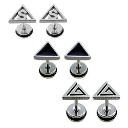 Plugs Fake Triangle Shape Earrings with black rubber O ring - Pair of 2 pieces Fake Plugs Earrings - Various Designs - Quality Tested by Sheffield Assay Office in England.