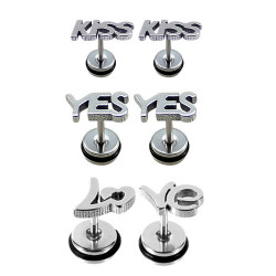 Plugs Fake Kiss, Yes and Love Word with black rubber O ring - Pair of 2 pieces Fake Plugs Earrings - Surgical Steel 316L  - Quality Tested by Sheffield Assay Office in England.