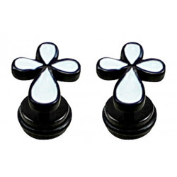 Black Fake Plugs Earrings - Cross  with black rubber O ring - Pair of 2 pieces Fake Plugs Earrings - Surgical Steel 316L  - Quality Tested by Sheffield Assay Office in England.