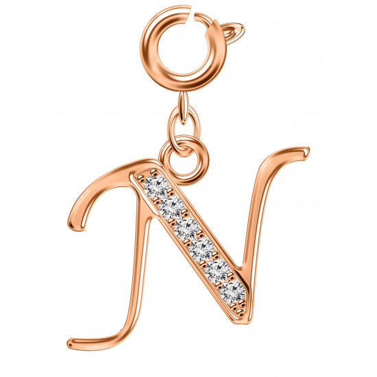 Silver Initials Charm with CZ  Crystals, Rose Gold Plated - Round Spring Clasp