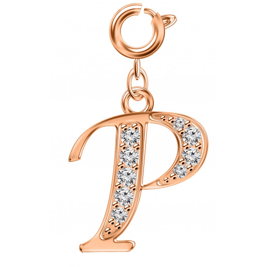 Silver Initials Charm with CZ  Crystals, Rose Gold Plated - Round Spring Clasp