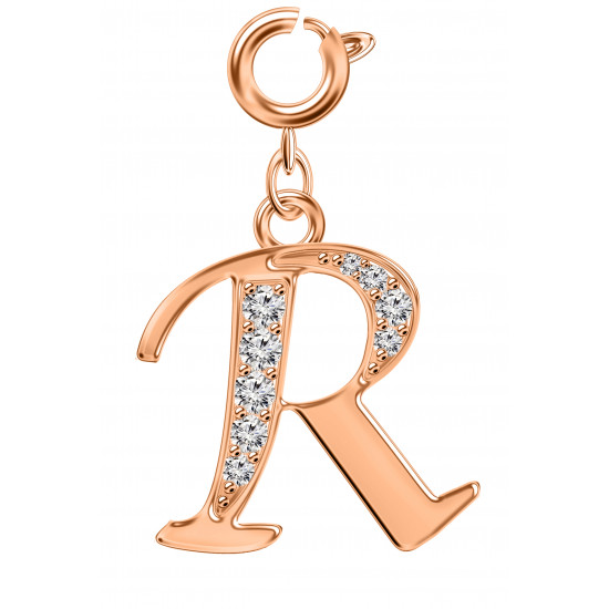 Silver Initials Charm with CZ  Crystals, Rose Gold Plated - Round Spring Clasp