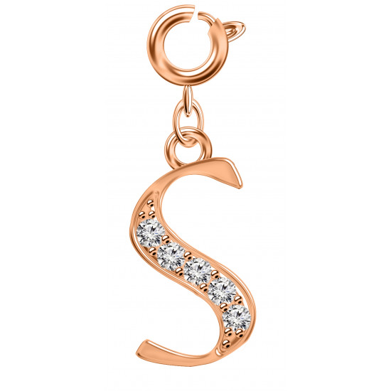 Silver Initials Charm with CZ  Crystals, Rose Gold Plated - Round Spring Clasp