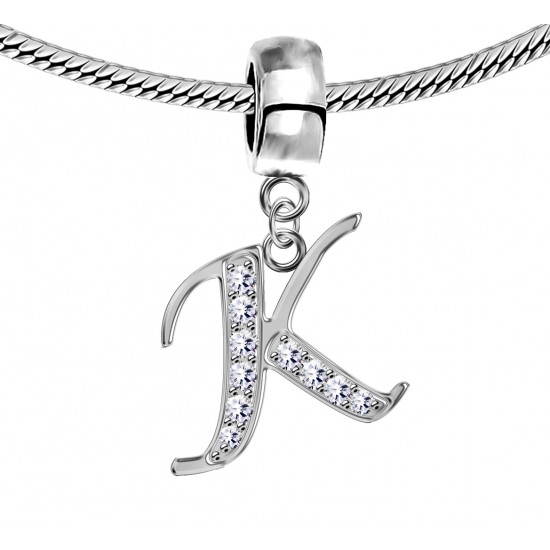 Bracelet compatible Silver Initial Charm with CZ  Crystals - Fits all European Bracelets - Letters A to Z