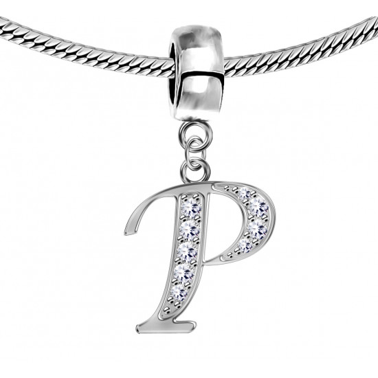 Bracelet compatible Silver Initial Charm with CZ  Crystals - Fits all European Bracelets - Letters A to Z