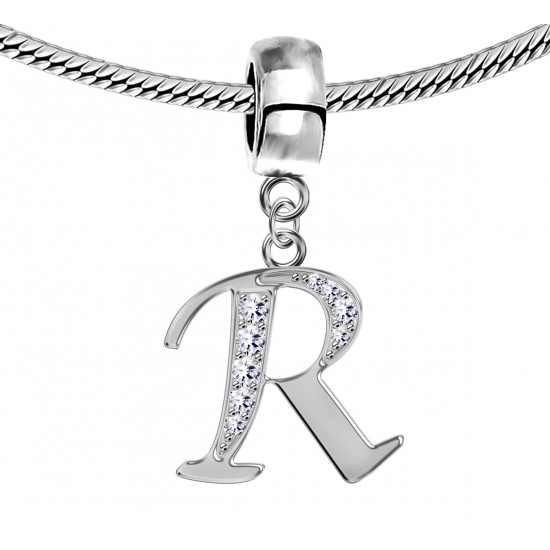 Bracelet compatible Silver Initial Charm with CZ  Crystals - Fits all European Bracelets - Letters A to Z