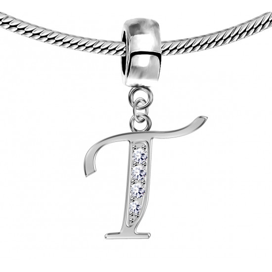 Bracelet compatible Silver Initial Charm with CZ  Crystals - Fits all European Bracelets - Letters A to Z