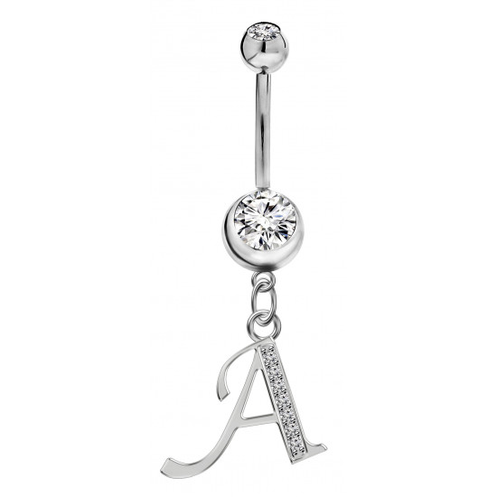 Sterling Silver Initial Dangle Belly Button Piercing Bars with CZ Crystals - Letters A to Z - All our Jewellery is Quality Checked by Sheffield Assay office