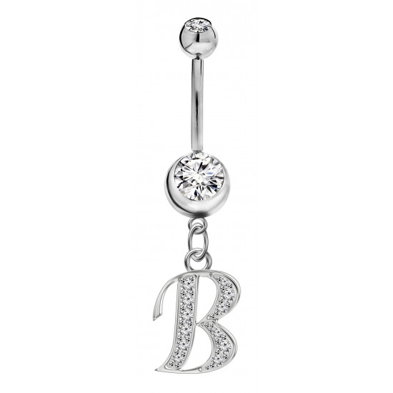 Sterling Silver Initial Dangle Belly Button Piercing Bars with CZ Crystals - Letters A to Z - All our Jewellery is Quality Checked by Sheffield Assay office