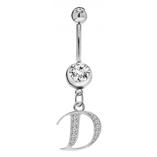 Sterling Silver Initial Dangle Belly Button Piercing Bars with CZ Crystals - Letters A to Z - All our Jewellery is Quality Checked by Sheffield Assay office