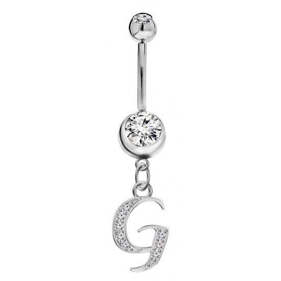 Sterling Silver Initial Dangle Belly Button Piercing Bars with CZ Crystals - Letters A to Z - All our Jewellery is Quality Checked by Sheffield Assay office