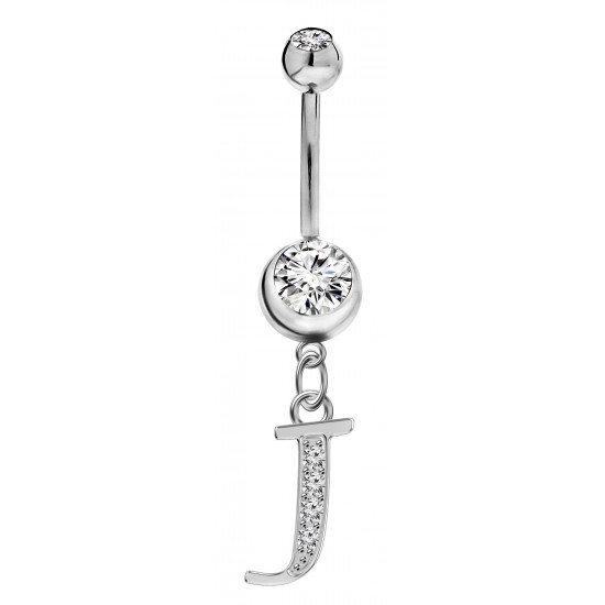 Sterling Silver Initial Dangle Belly Button Piercing Bars with CZ Crystals - Letters A to Z - All our Jewellery is Quality Checked by Sheffield Assay office
