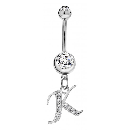 Sterling Silver Initial Dangle Belly Button Piercing Bars with CZ Crystals - Letters A to Z - All our Jewellery is Quality Checked by Sheffield Assay office