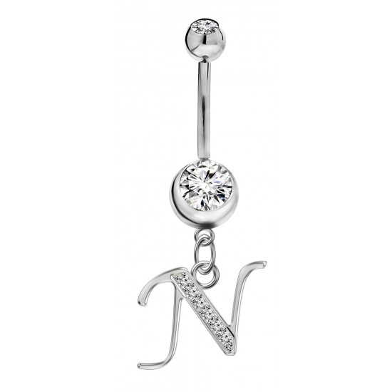 Sterling Silver Initial Dangle Belly Button Piercing Bars with CZ Crystals - Letters A to Z - All our Jewellery is Quality Checked by Sheffield Assay office