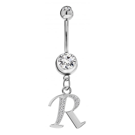 Sterling Silver Initial Dangle Belly Button Piercing Bars with CZ Crystals - Letters A to Z - All our Jewellery is Quality Checked by Sheffield Assay office