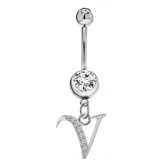 Sterling Silver Initial Dangle Belly Button Piercing Bars with CZ Crystals - Letters A to Z - All our Jewellery is Quality Checked by Sheffield Assay office