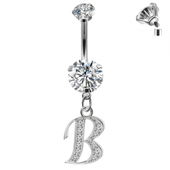 Initial Belly Button Rings - 316L Surgical Steel - Internally Threaded - 14G(1.6mm) - AAA+ CZ Crystals - Silver Letter A-Z Belly Button Rings - All our Jewellery is Quality Checked by Sheffield Assay office