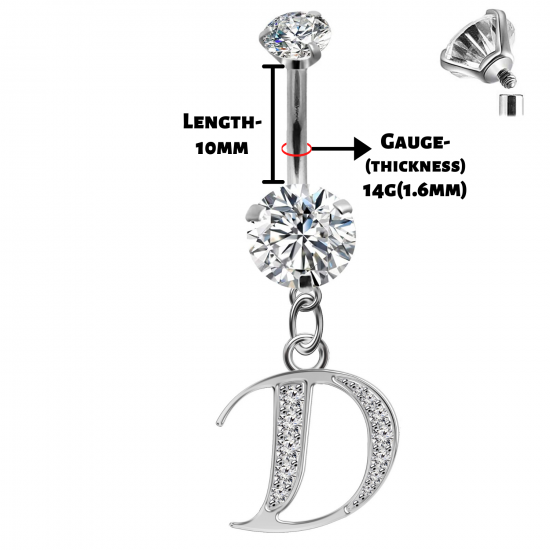 Initial Belly Button Rings - 316L Surgical Steel - Internally Threaded - 14G(1.6mm) - AAA+ CZ Crystals - Silver Letter A-Z Belly Button Rings - All our Jewellery is Quality Checked by Sheffield Assay office
