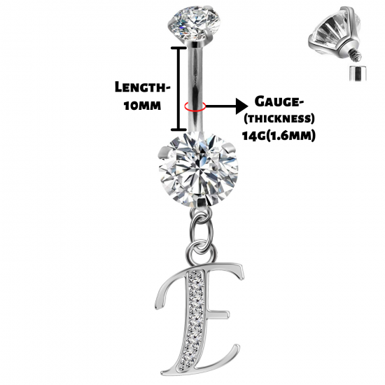 Initial Belly Button Rings - 316L Surgical Steel - Internally Threaded - 14G(1.6mm) - AAA+ CZ Crystals - Silver Letter A-Z Belly Button Rings - All our Jewellery is Quality Checked by Sheffield Assay office