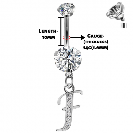 Initial Belly Button Rings - 316L Surgical Steel - Internally Threaded - 14G(1.6mm) - AAA+ CZ Crystals - Silver Letter A-Z Belly Button Rings - All our Jewellery is Quality Checked by Sheffield Assay office