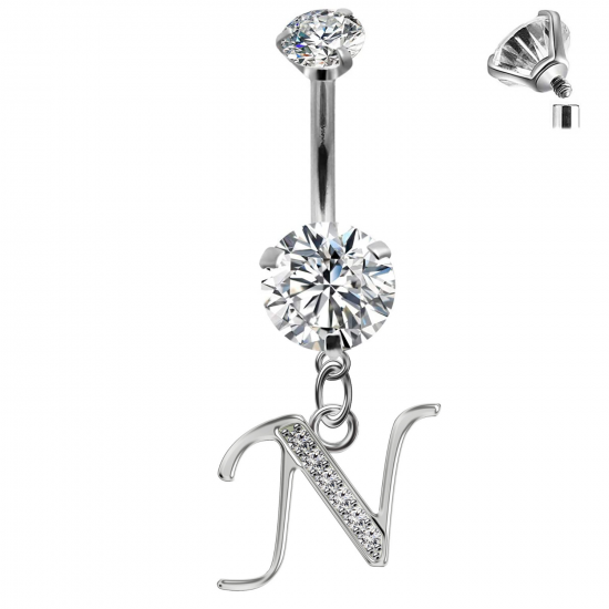 Initial Belly Button Rings - 316L Surgical Steel - Internally Threaded - 14G(1.6mm) - AAA+ CZ Crystals - Silver Letter A-Z Belly Button Rings - All our Jewellery is Quality Checked by Sheffield Assay office