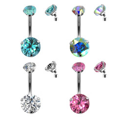 Surgical Steel 316L Internally Threaded Belly bar with Dual Round AAA+ CZ Crystal - Quality tested by Sheffield Assay Office England