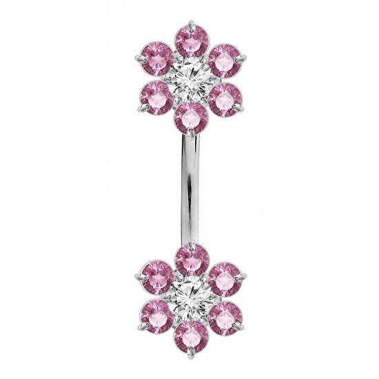 Double Flower Sterling Silver Belly Bars 1.6mm / 14G with CZ Crystals - Various Colours - All our Jewellery is Quality Checked by Sheffield Assay office