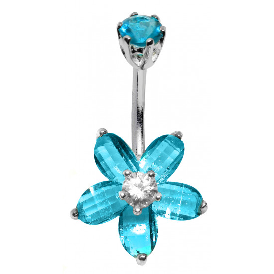 Silver & Stainless Steel Flower Belly Button Piercing Bar with CZ Crystals - Various Colours - All our Jewellery is Quality Checked by Sheffield Assay office