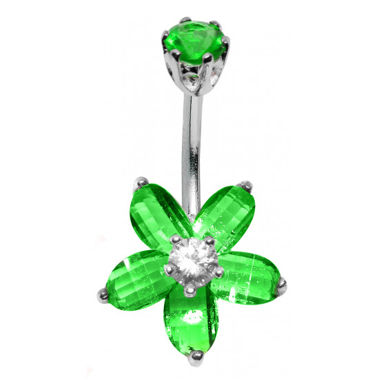 Silver & Stainless Steel Flower Belly Button Piercing Bar with CZ Crystals - Various Colours - All our Jewellery is Quality Checked by Sheffield Assay office