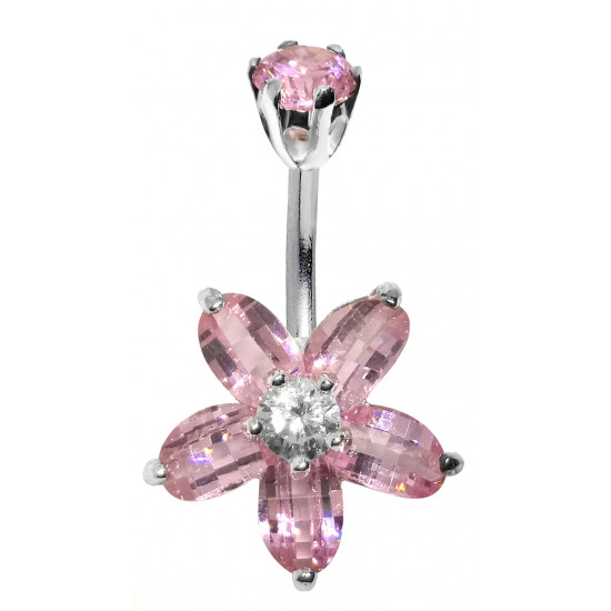 Silver & Stainless Steel Flower Belly Button Piercing Bar with CZ Crystals - Various Colours - All our Jewellery is Quality Checked by Sheffield Assay office