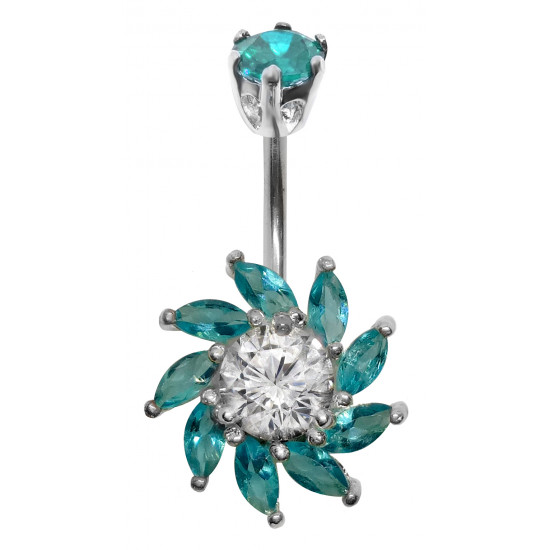 Silver 925 Blaze Design Belly Button Piercing Bar with CZ Crystals - Various Colours - All our Jewellery is Quality Checked by Sheffield Assay office