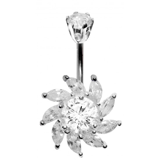Silver 925 Blaze Design Belly Button Piercing Bar with CZ Crystals - Various Colours - All our Jewellery is Quality Checked by Sheffield Assay office