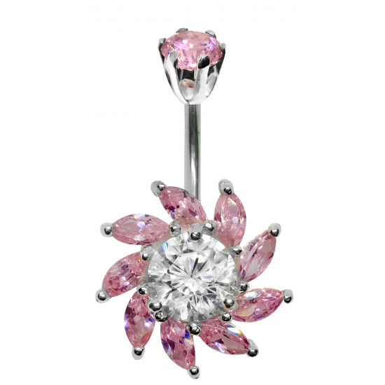 Silver 925 Blaze Design Belly Button Piercing Bar with CZ Crystals - Various Colours - All our Jewellery is Quality Checked by Sheffield Assay office