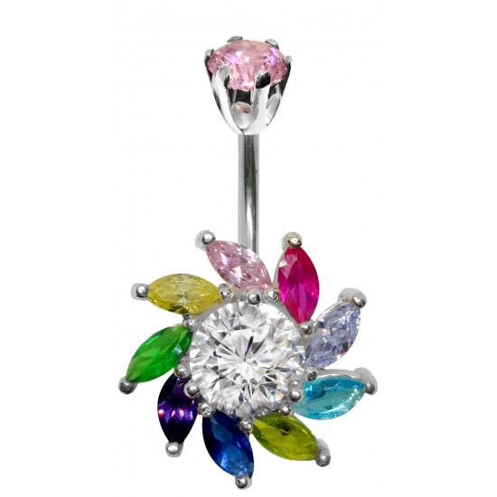 Silver 925 Blaze Design Belly Button Piercing Bar with CZ Crystals - Various Colours - All our Jewellery is Quality Checked by Sheffield Assay office