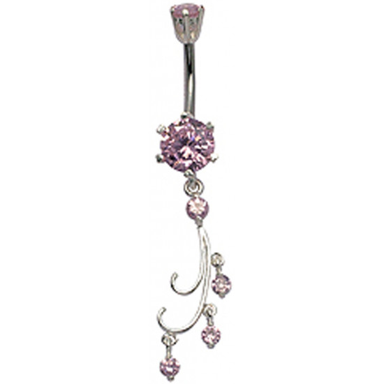Sterling Silver Vine Drop Belly Bars with CZ Round Crystals - Various Colours - All our Jewellery is Quality Checked by Sheffield Assay office