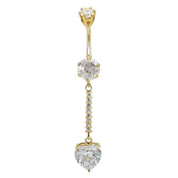 Sterling Silver Dangle Heart Shape Drop CZ Crystal in Gold Plating Belly Bars 1.6mm / 14G - Various Colours