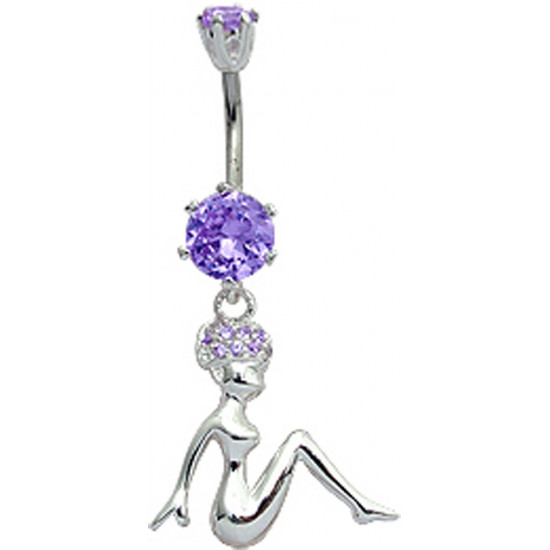 Sterling Silver Woman Sitting Belly Bars with CZ Crystals - Various Colors 
