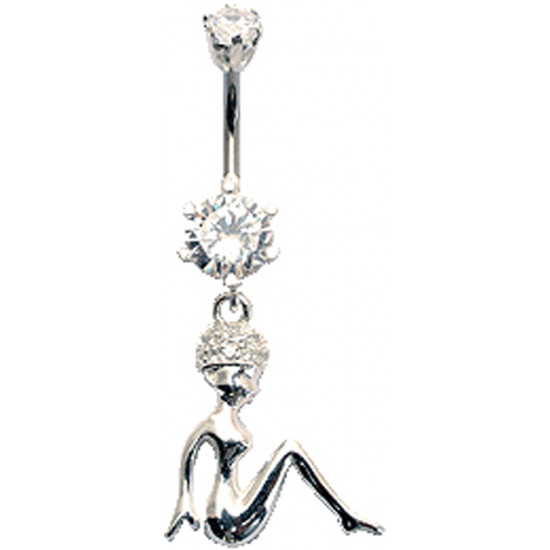 Sterling Silver Woman Sitting Belly Bars with CZ Crystals - Various Colors 