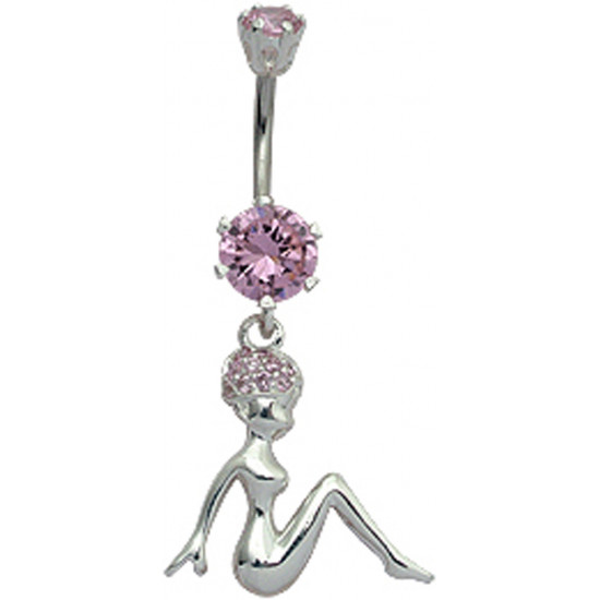 Sterling Silver Woman Sitting Belly Bars with CZ Crystals - Various Colors 