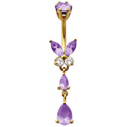 Sterling Silver Butterfly Drop Dangle CZ Crystal in Gold Plating Belly Bars 1.6mm / 14G - Various Colours