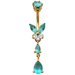 Sterling Silver Butterfly Drop Dangle CZ Crystal in Gold Plating Belly Bars 1.6mm / 14G - Various Colours