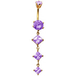 Sterling Silver Diamond Shape 3 Drop Dangle CZ Crystal in Gold Plating Belly Bars 1.6mm / 14G - Various Colours