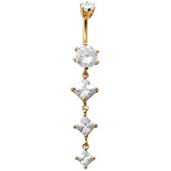 Sterling Silver Diamond Shape 3 Drop Dangle CZ Crystal in Gold Plating Belly Bars 1.6mm / 14G - Various Colours