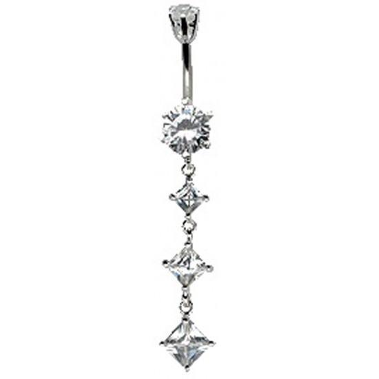 Sterling Silver Diamond Shape 3 Drop Dangle CZ Crystal Belly Bar Lentgth 12mm 1.6mm / 14G - Various Colours - All our Jewellery is Quality Checked by Sheffield Assay office