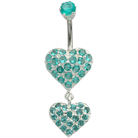 Double Heart Dangle Belly Bars Studded with CZ Crystals - Various Colours - All our Jewellery is Quality Checked by Sheffield Assay office