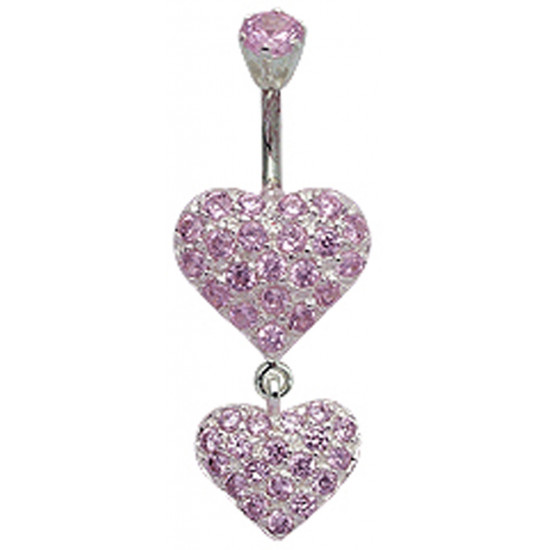 Double Heart Dangle Belly Bars Studded with CZ Crystals - Various Colours - All our Jewellery is Quality Checked by Sheffield Assay office