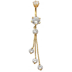 Sterling Silver Round Shape Dangle CZ Crystal in Gold Plating with Chains Belly Bars 1.6mm / 14G - Various Colours